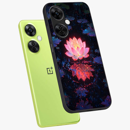 Luminous Lotus Glow Glass Case for 1+Nord CE 3 Lite angled mockup showcasing glossy finish and warm luminous tones
