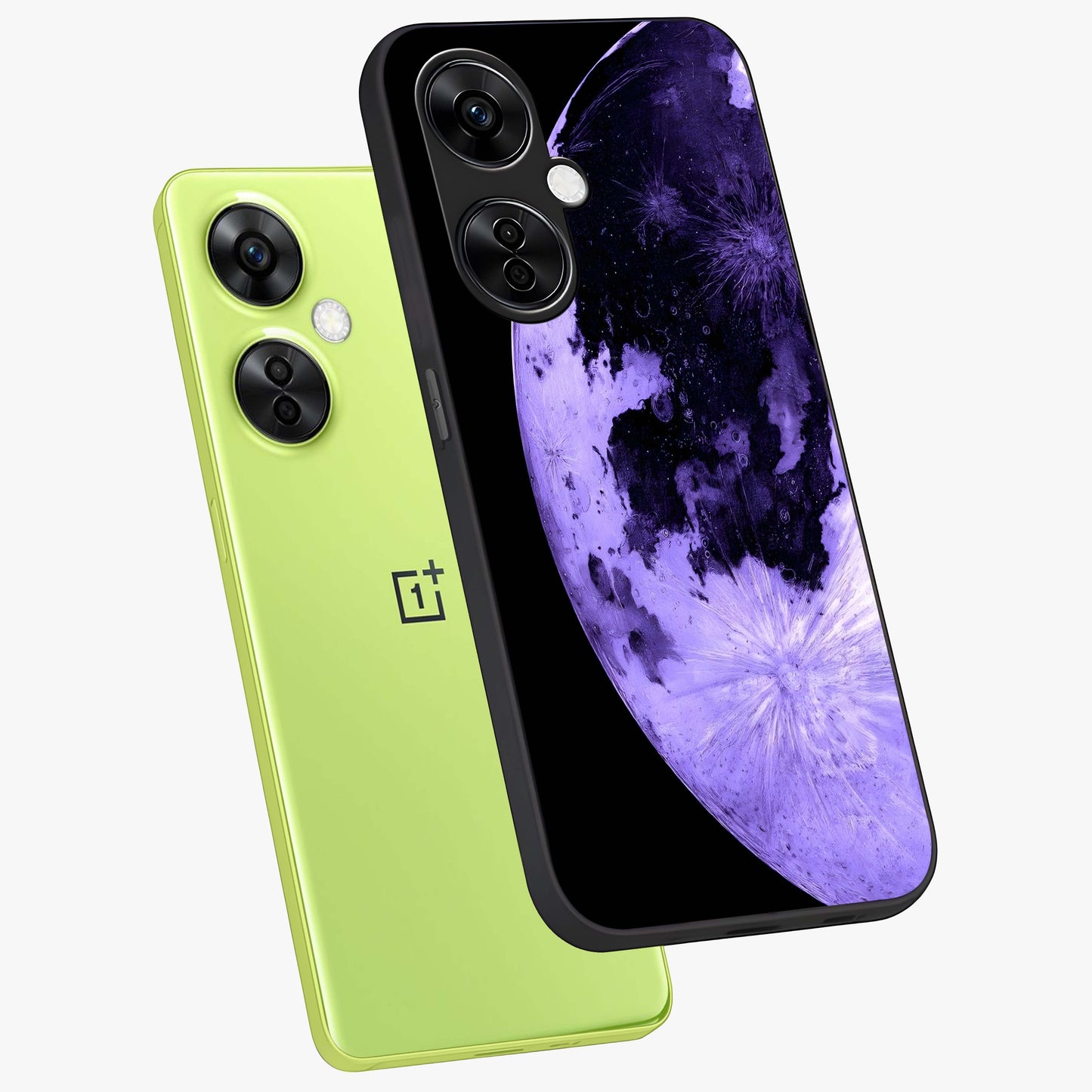 Lunar Glow in Violet Glass Case for 1+Nord CE 3 Lite angled mockup showcasing glossy finish and soft purple gradients