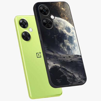 Lunar Horizon Glow Glass Case for 1+Nord CE 3 Lite angled mockup showcasing glossy finish and warm night tones