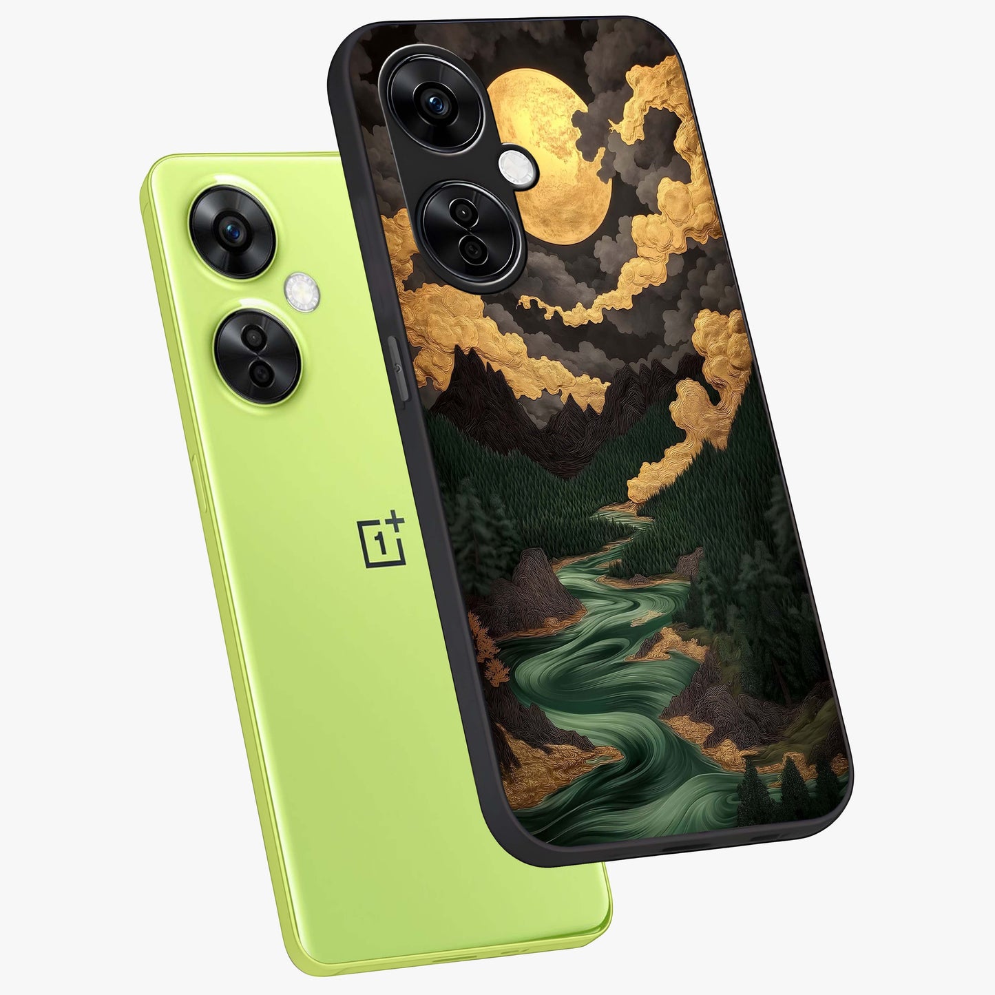 Lunar Silk Garden Glass Case for 1+Nord CE 3 Lite angled mockup showcasing glossy glass finish and silky gradient textures