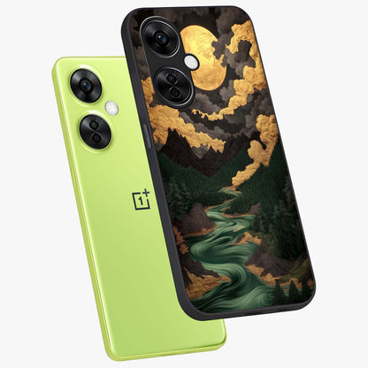 Lunar Silk Garden Glass Case for 1+Nord CE 3 Lite angled mockup showcasing glossy glass finish and silky gradient textures