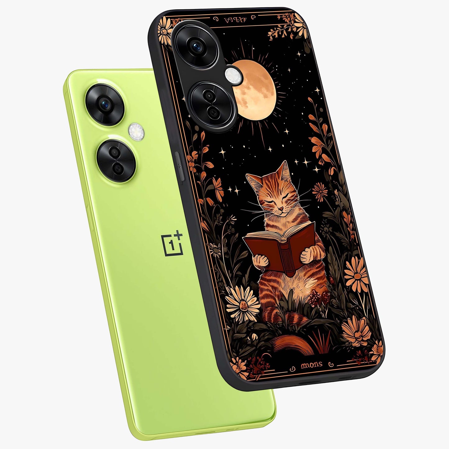 Magical Cat Chronicle Glass Case for 1+Nord CE 3 Lite angled mockup showcasing glossy finish and vibrant design tones