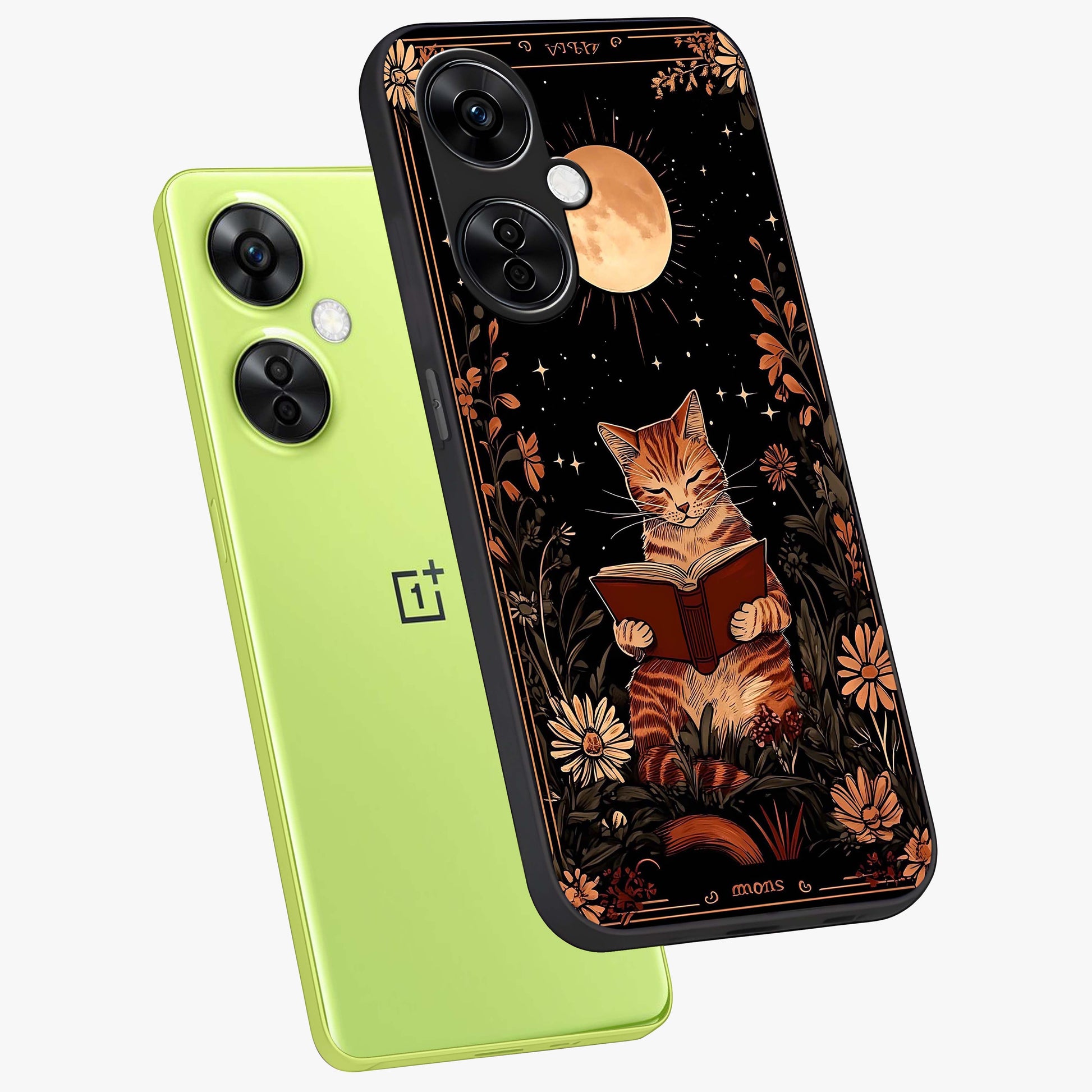 Magical Cat Chronicle Glass Case for 1+Nord CE 3 Lite angled mockup showcasing glossy finish and vibrant design tones