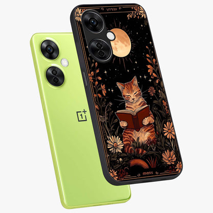 Magical Cat Chronicle Glass Case for 1+Nord CE 3 Lite angled mockup showcasing glossy finish and vibrant design tones