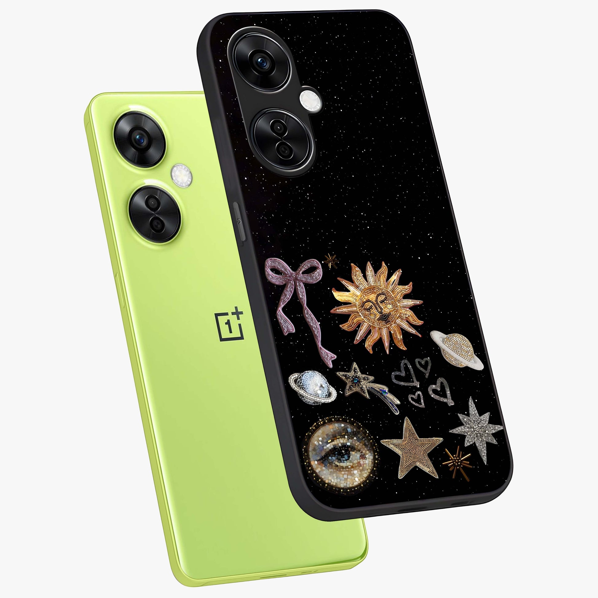 Magical Jewelry Vibe Glass Case for 1+Nord CE 3 Lite angled mockup showcasing glossy finish and sparkling detailing