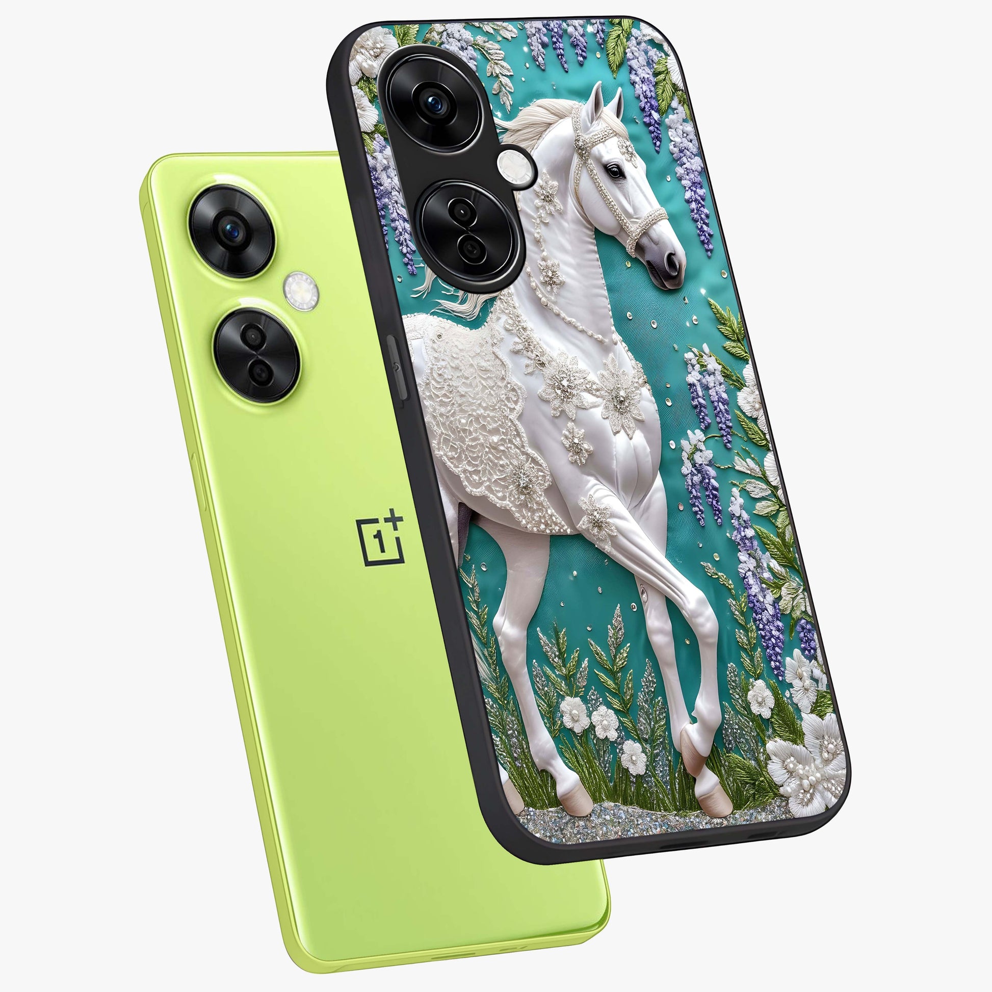 Majestic Floral Stallion Glass Case for 1+Nord CE 3 Lite angled mockup showcasing glossy finish and vibrant artistic tones