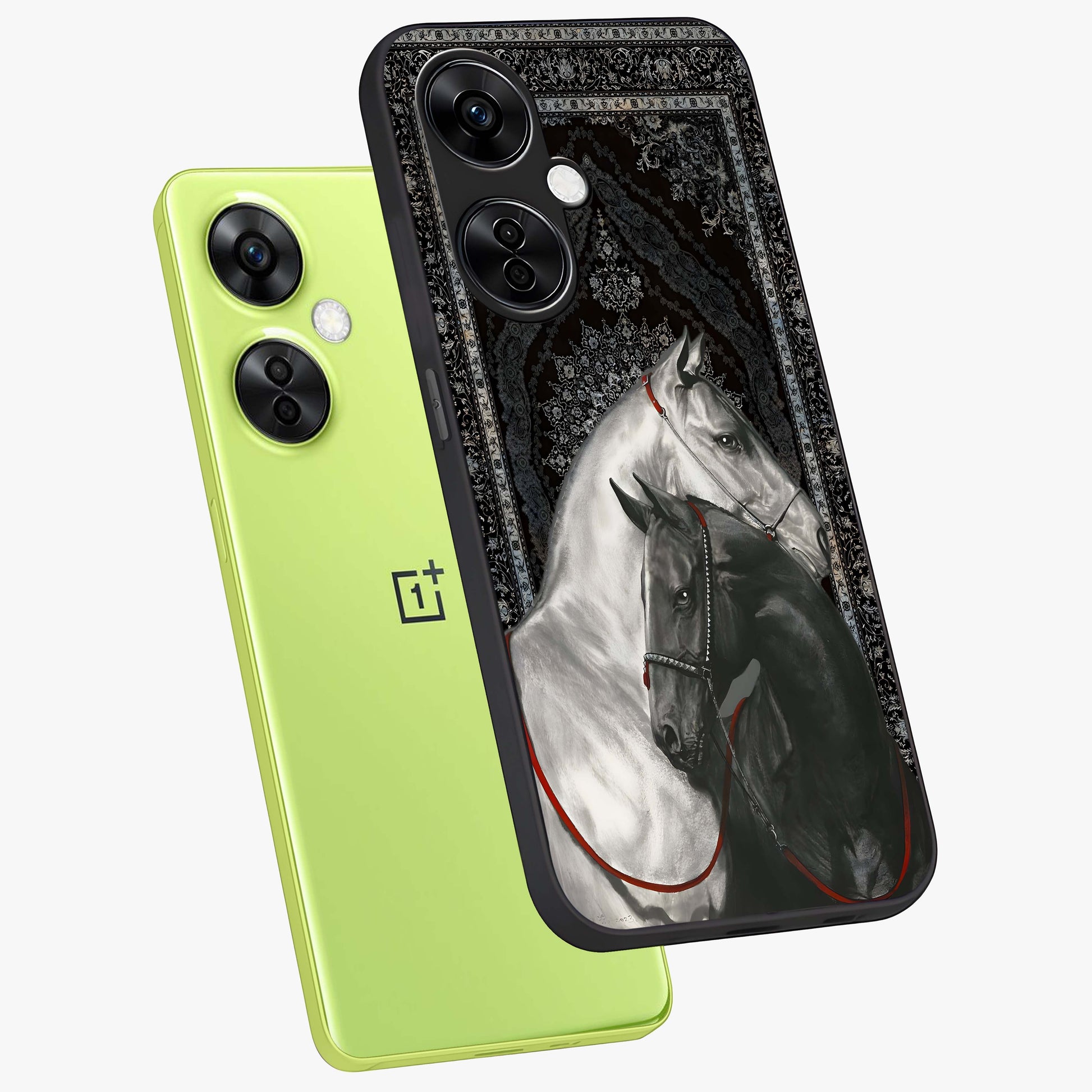 Majestic Ride Legacy Glass Case for 1+Nord CE 3 Lite angled mockup showcasing glossy finish and strong graphic detailing