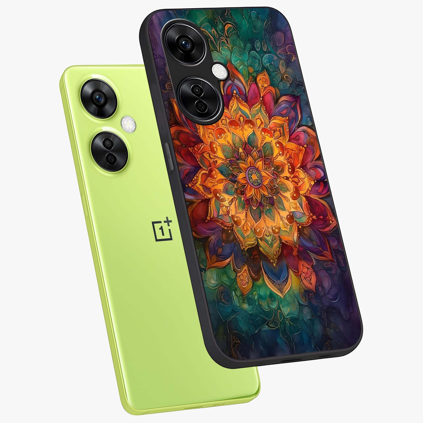 Mandala Vibrants Glass Case for 1+Nord CE 3 Lite angled mockup showcasing glossy finish and intricate geometric detailing