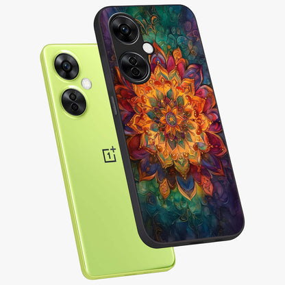 Mandala Vibrants Glass Case for 1+Nord CE 3 Lite angled mockup showcasing glossy finish and intricate geometric detailing