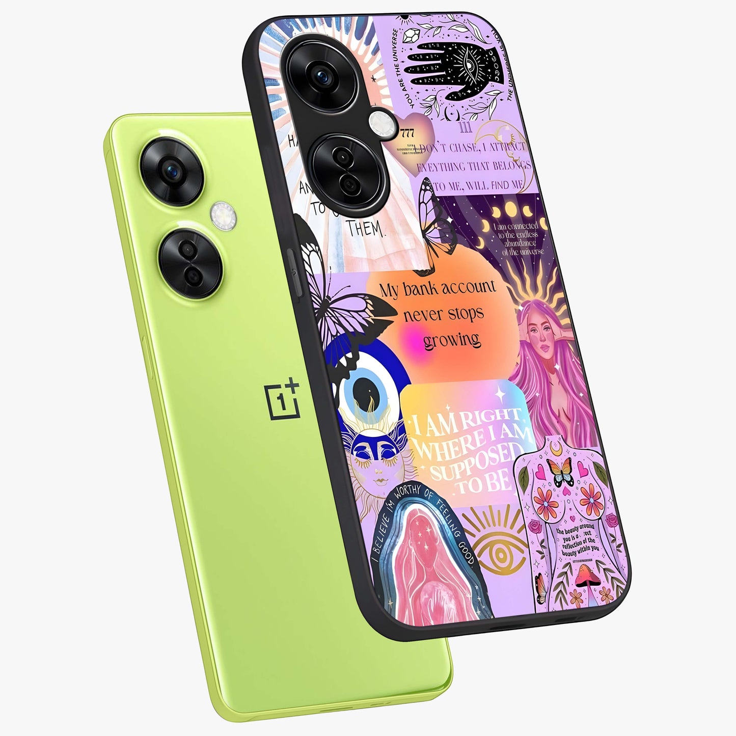 Manifestation Collage Glass Case for 1+Nord CE 3 Lite angled mockup showcasing glossy finish and layered artistic textures