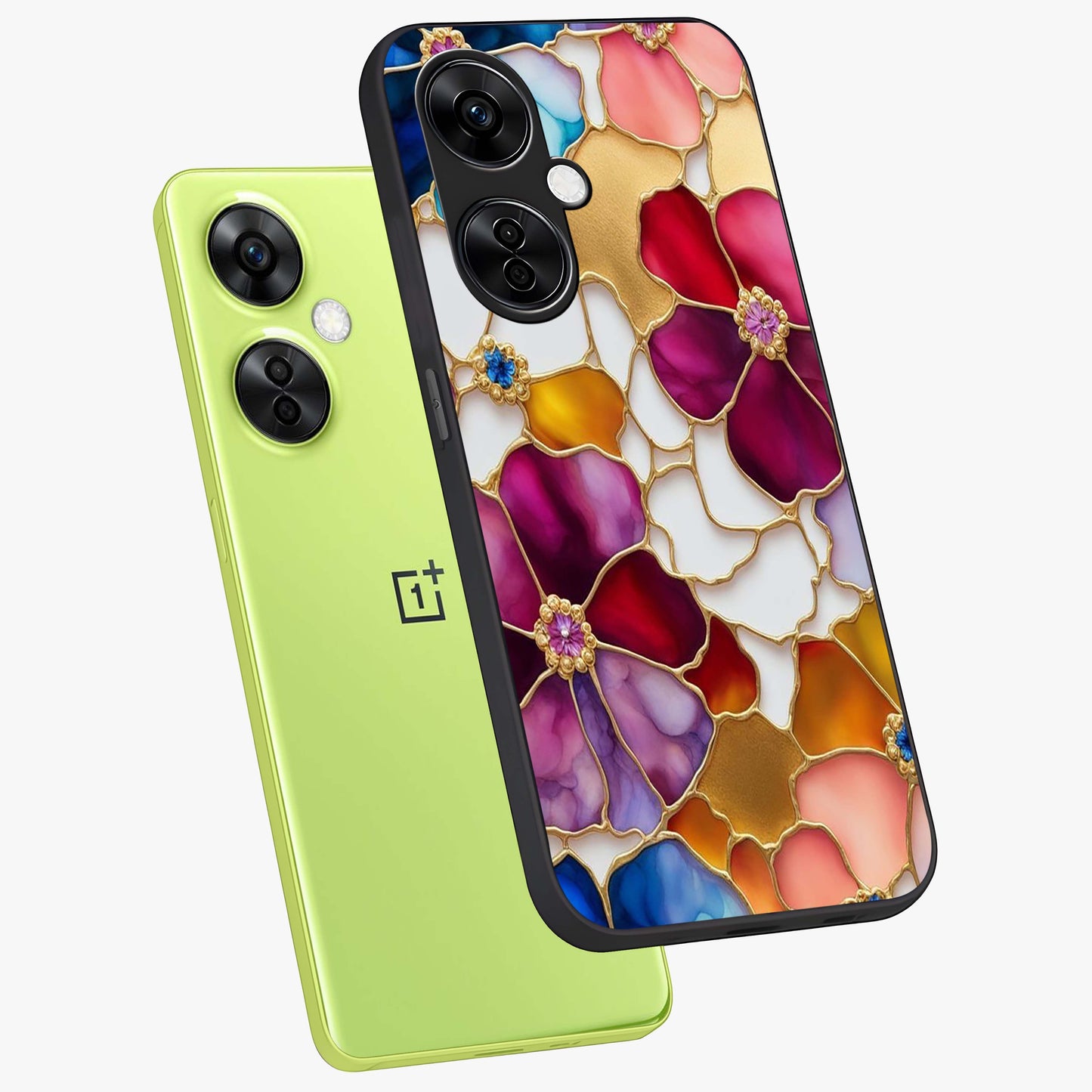 Marble Flower Pattern Glass Case for 1+Nord CE 3 Lite angled mockup showcasing glossy finish and detailed bloom accents
