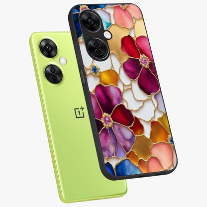 Marble Flower Pattern Glass Case for 1+Nord CE 3 Lite angled mockup showcasing glossy finish and detailed bloom accents