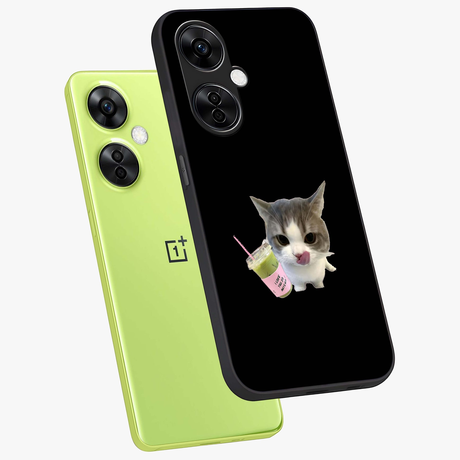 Matcha Cat Style Glass Case for 1+Nord CE 3 Lite angled mockup showcasing glossy glass finish and playful pastel detailing