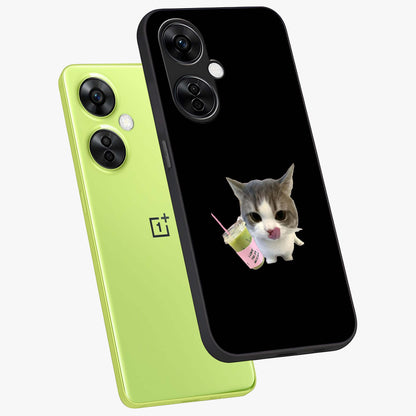 Matcha Cat Style Glass Case for 1+Nord CE 3 Lite angled mockup showcasing glossy glass finish and playful pastel detailing