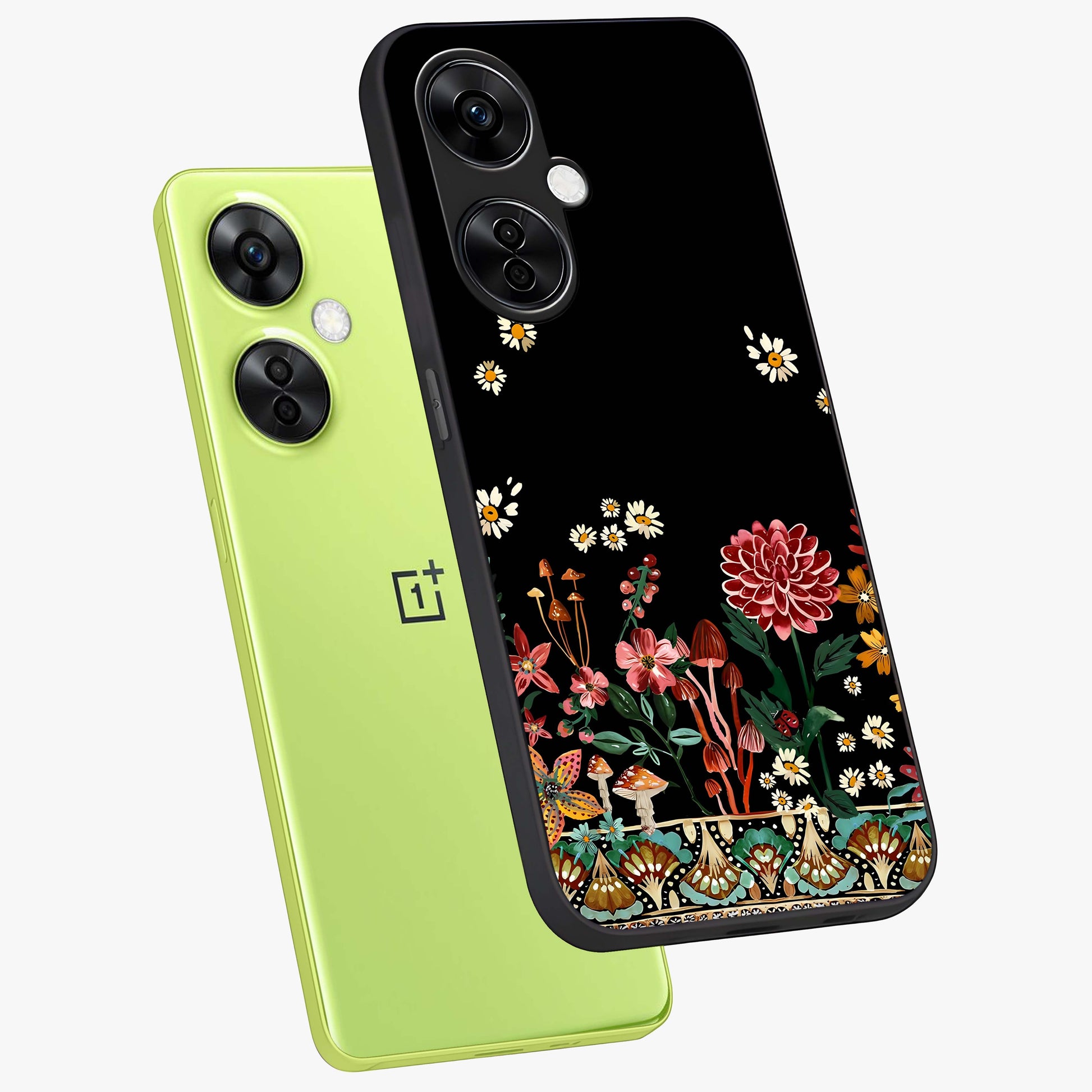 Midnight Bloom Pattern Glass Case for 1+Nord CE 3 Lite angled mockup showcasing glossy finish and rich bloom detailing