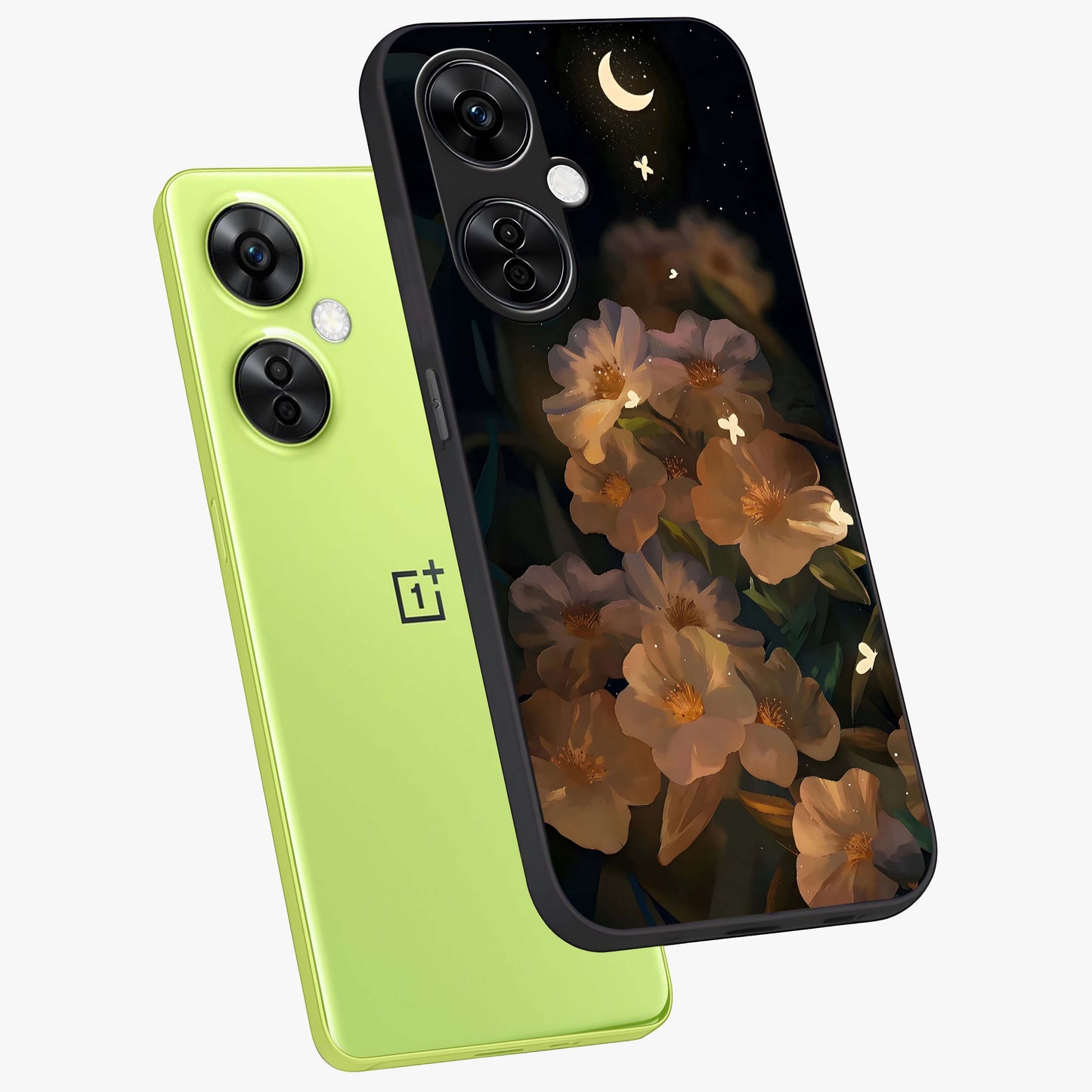 Midnight Bloom Trail Glass Case for 1+Nord CE 3 Lite angled mockup showcasing glossy finish and luminous bloom accents