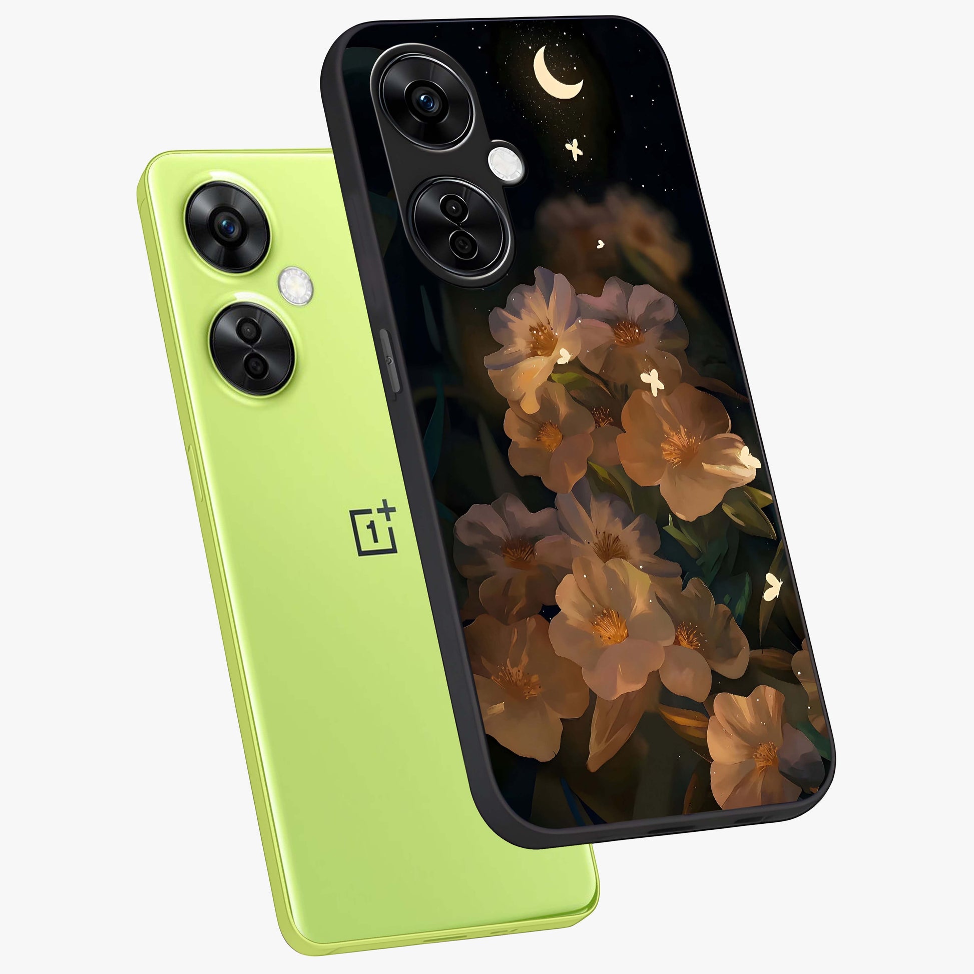 Midnight Bloom Trail Glass Case for 1+Nord CE 3 Lite angled mockup showcasing glossy finish and luminous bloom accents