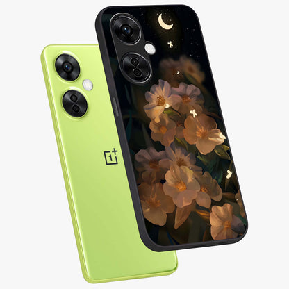 Midnight Bloom Trail Glass Case for 1+Nord CE 3 Lite angled mockup showcasing glossy finish and luminous bloom accents