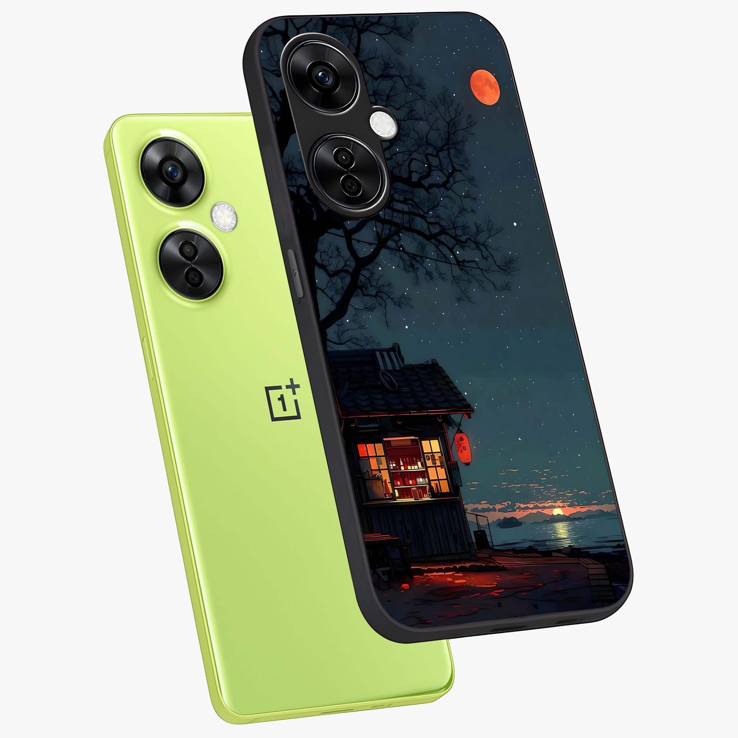 Midnight Lantern Glow Glass Case for 1+Nord CE 3 Lite angled mockup showcasing glossy finish and warm luminous tones
