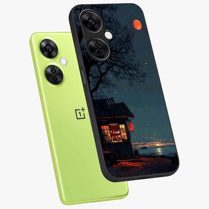 Midnight Lantern Glow Glass Case for 1+Nord CE 3 Lite angled mockup showcasing glossy finish and warm luminous tones