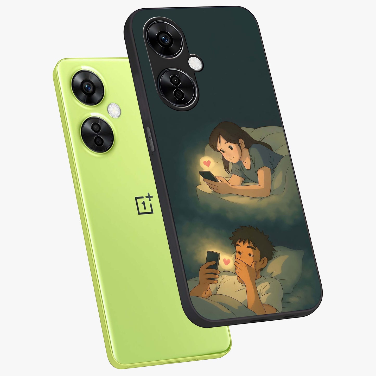 Midnight Love Glass Case for 1+Nord CE 3 Lite angled mockup showcasing glossy finish and warm luminous tones