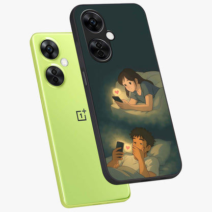 Midnight Love Glass Case for 1+Nord CE 3 Lite angled mockup showcasing glossy finish and warm luminous tones
