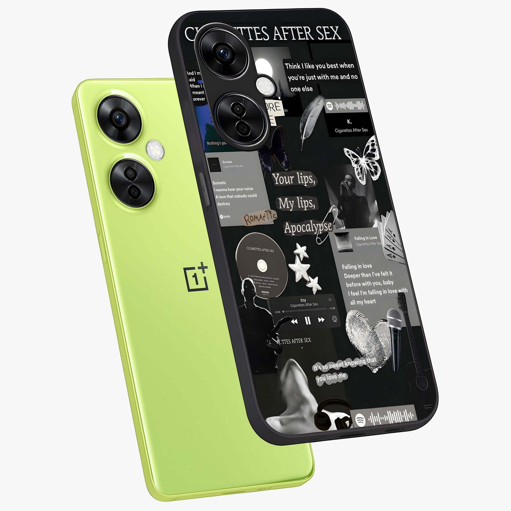 Midnight Love Echo Glass Case for 1+Nord CE 3 Lite angled mockup showcasing glossy finish and warm luminous tones