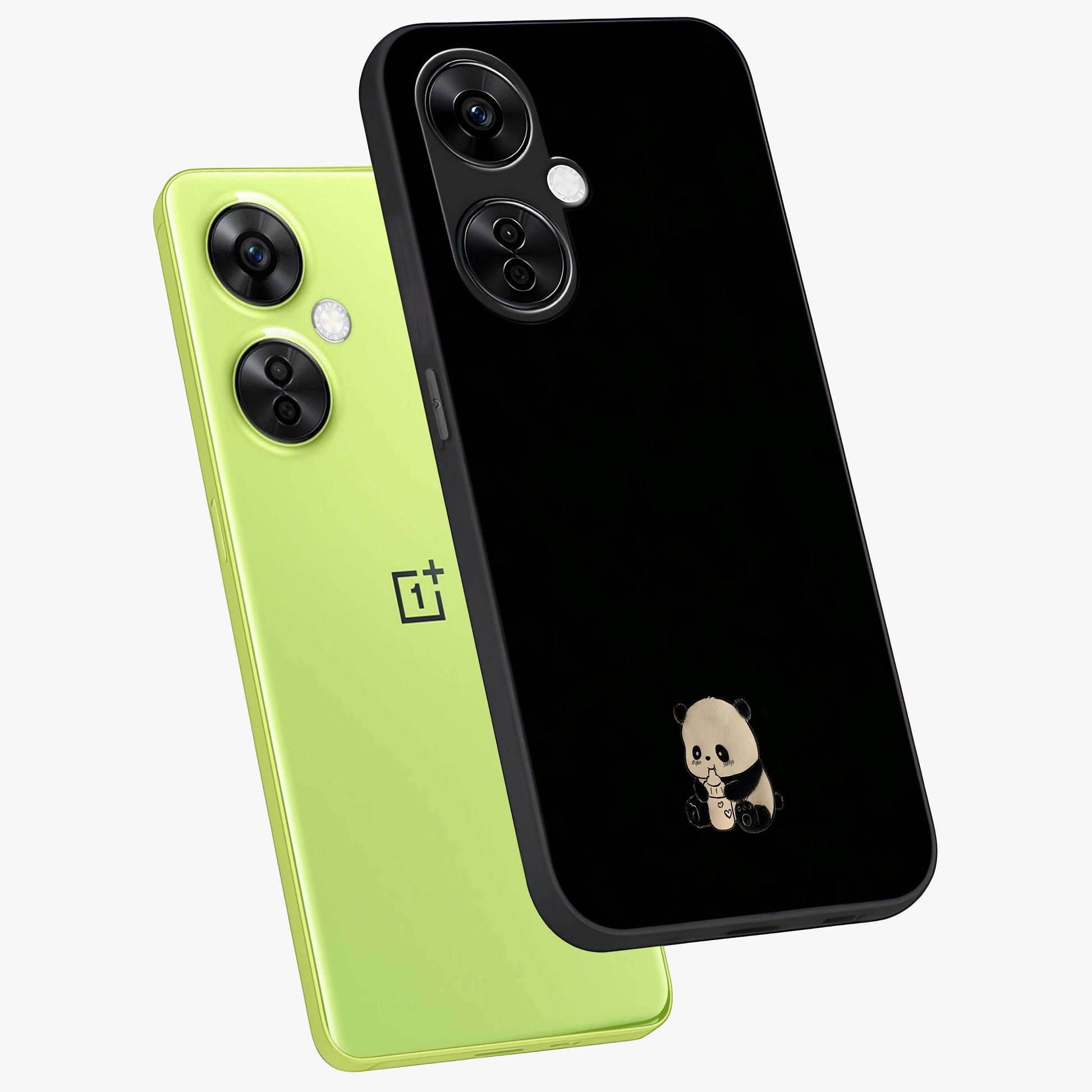 Midnight Panda Love Glass Case for 1+Nord CE 3 Lite angled mockup showcasing glossy finish and soft contrast tones