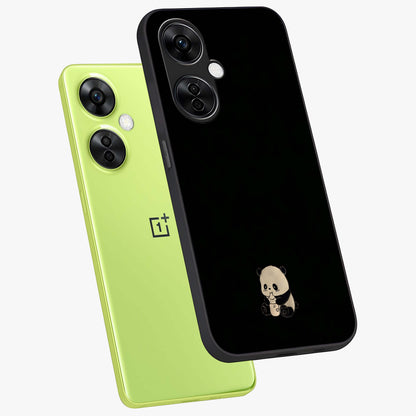 Midnight Panda Love Glass Case for 1+Nord CE 3 Lite angled mockup showcasing glossy finish and soft contrast tones