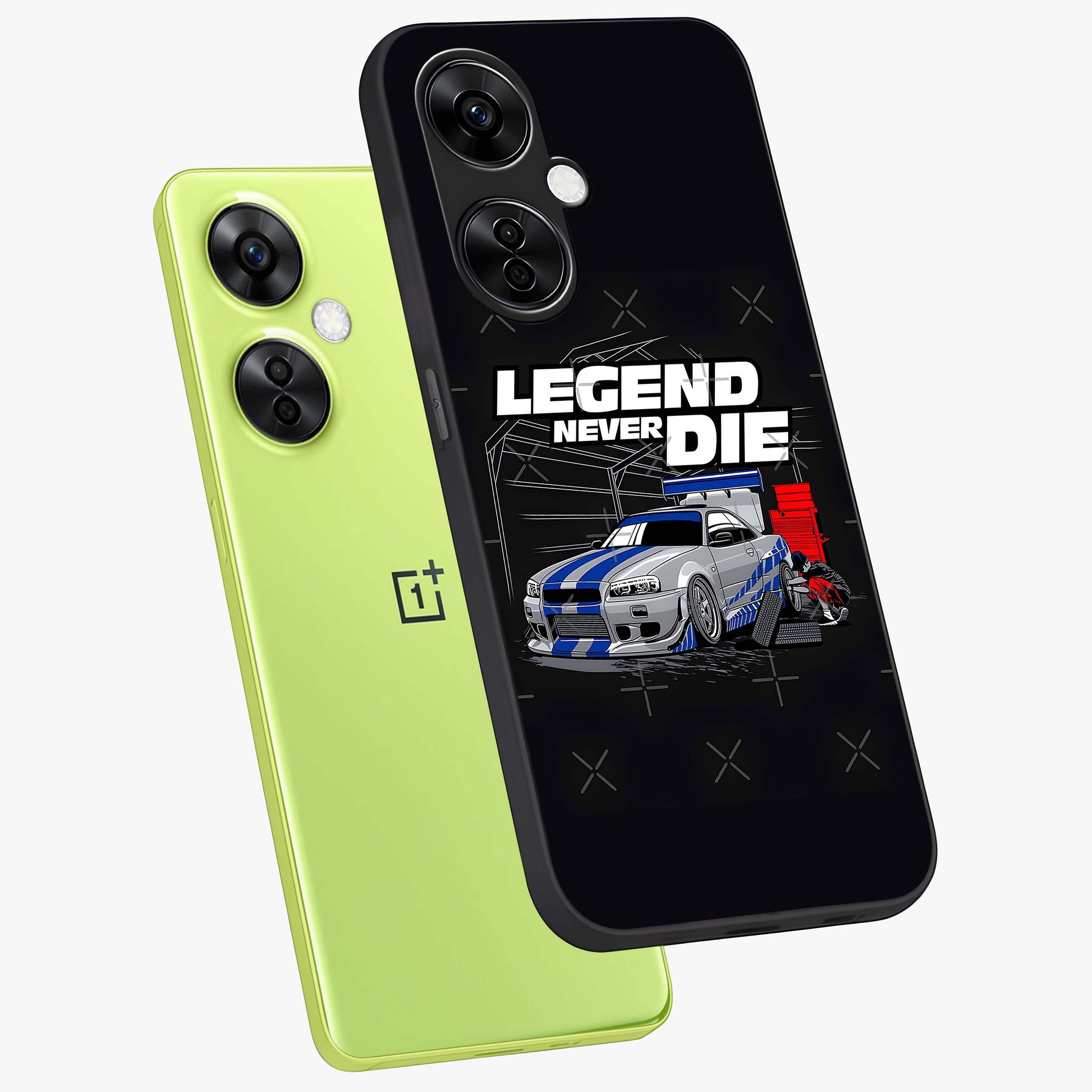 Midnight Racing Legacy Glass Case for 1+Nord CE 3 Lite angled mockup showcasing glossy glass finish and dynamic motion detailing
