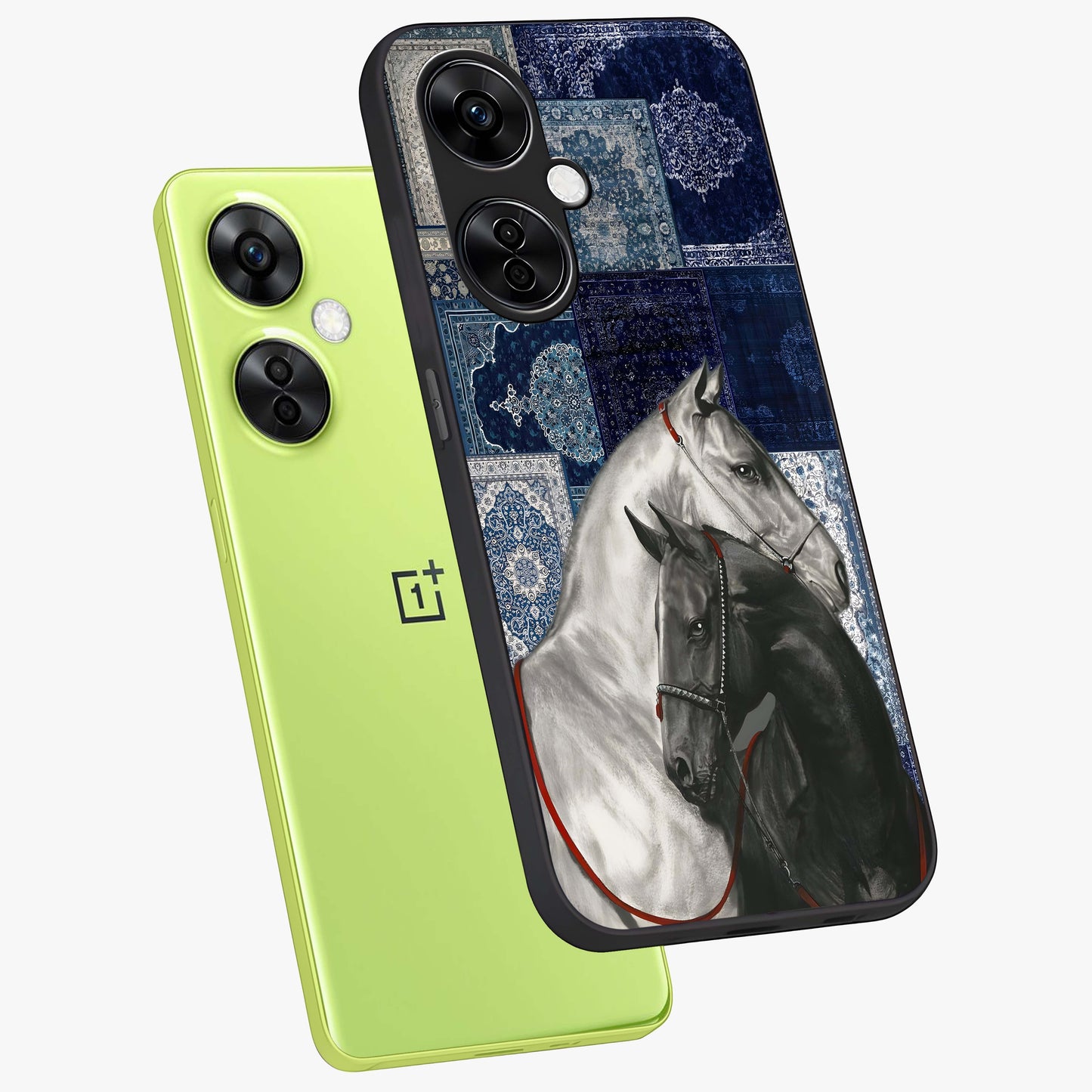Midnight Stallion Blues Glass Case for 1+Nord CE 3 Lite angled mockup showcasing glossy finish and dramatic equestrian detailing
