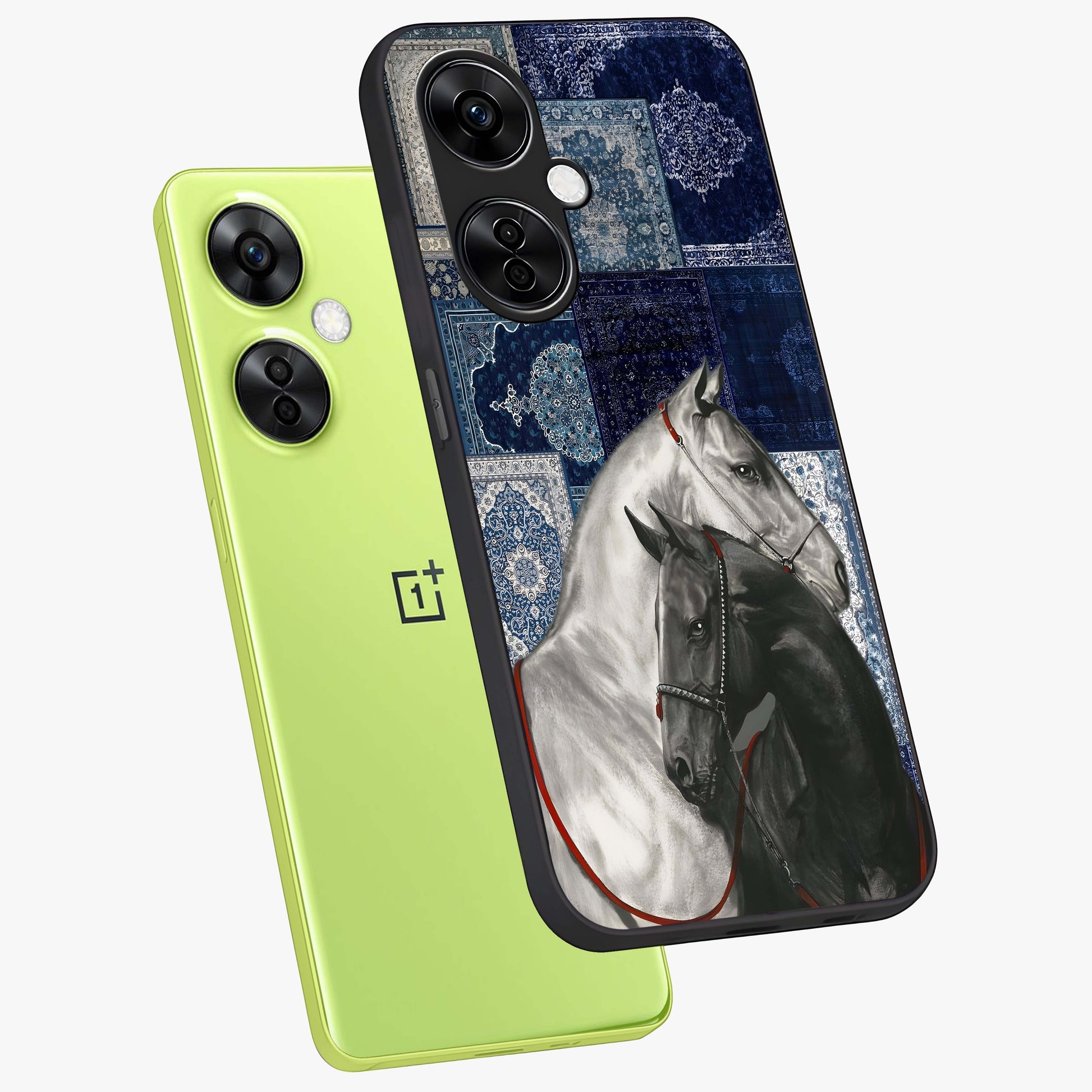 Midnight Stallion Blues Glass Case for 1+Nord CE 3 Lite angled mockup showcasing glossy finish and dramatic equestrian detailing