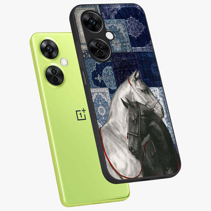 Midnight Stallion Blues Glass Case for 1+Nord CE 3 Lite angled mockup showcasing glossy finish and dramatic equestrian detailing