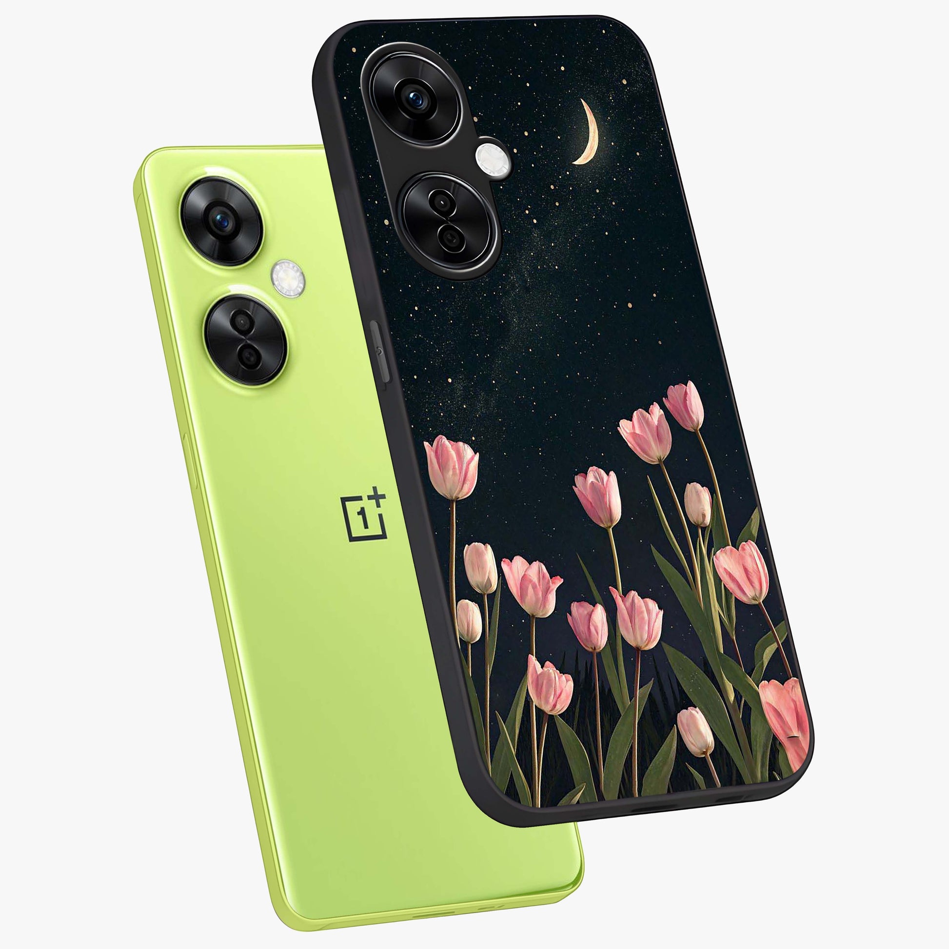 Midnight Tulip Whispers Vibe Glass Case for 1+Nord CE 3 Lite angled mockup showcasing glossy finish and subtle bloom detailing