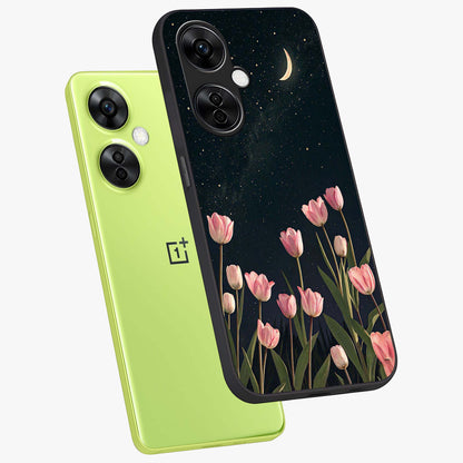 Midnight Tulip Whispers Vibe Glass Case for 1+Nord CE 3 Lite angled mockup showcasing glossy finish and subtle bloom detailing