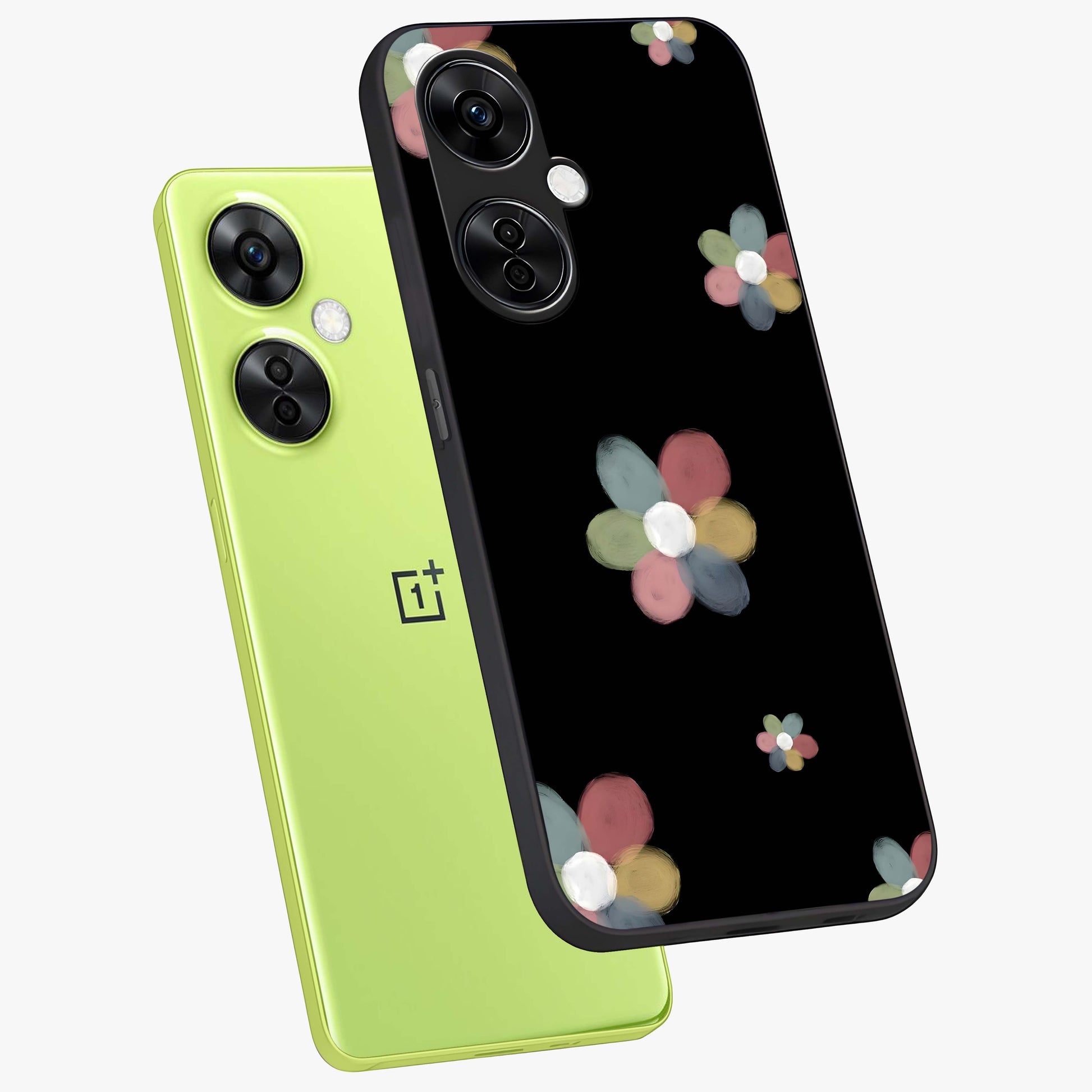 Minimal Floral Charm Glass Case for 1+Nord CE 3 Lite angled mockup showcasing glossy finish and soft pastel tones