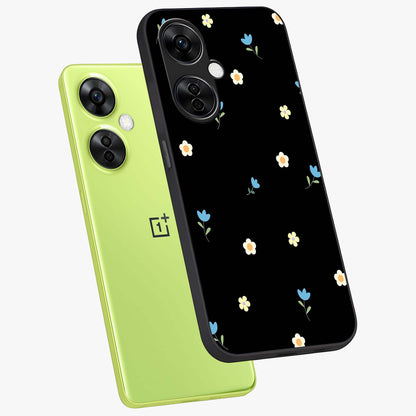 Minimalistic Blue With White Flower Pattern Glass Case for 1+Nord CE 3 Lite angled mockup showcasing glossy finish and crisp clean detailing