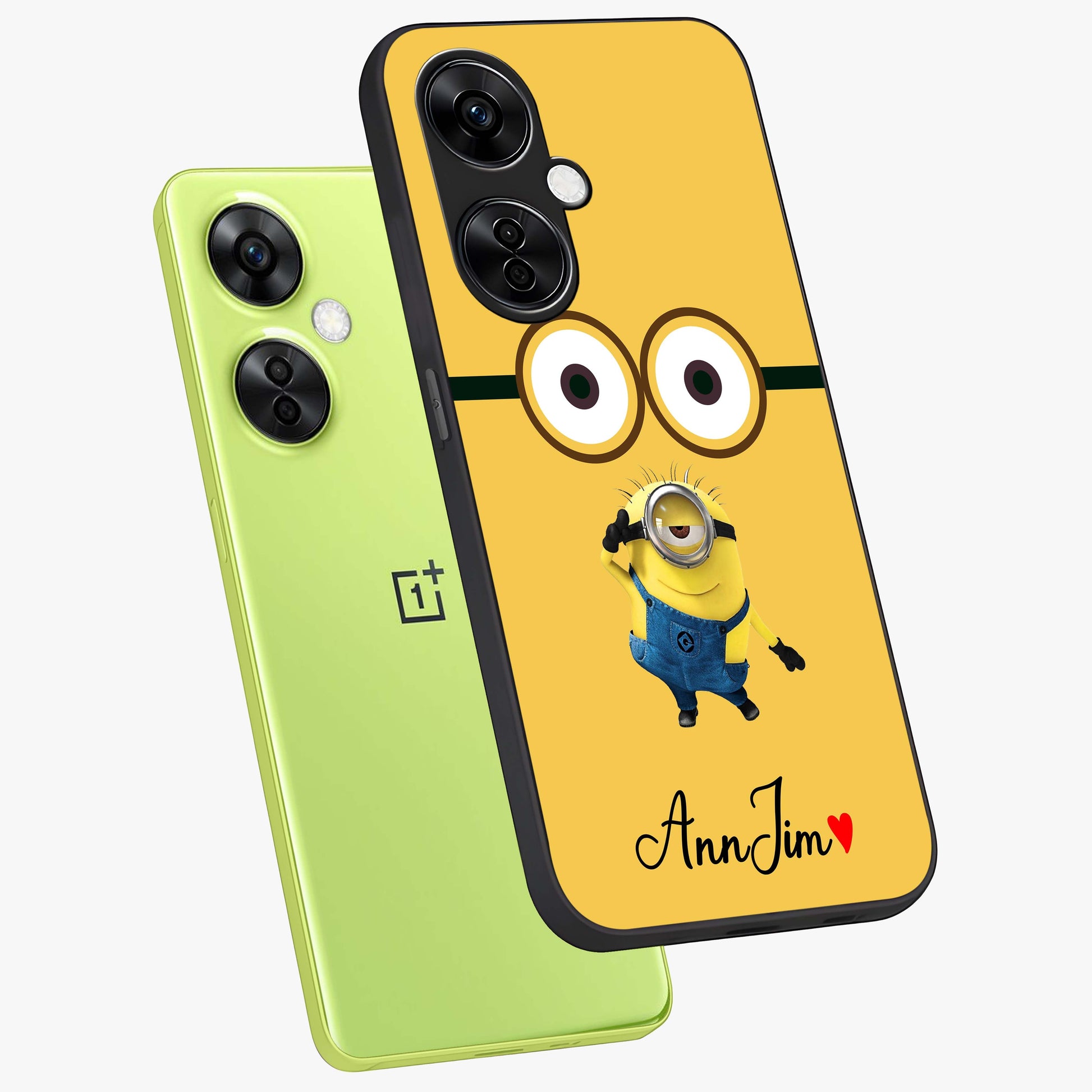 Minion Custom Name Glass Case for 1+Nord CE 3 Lite angled mockup showcasing glossy finish and vibrant character detailing