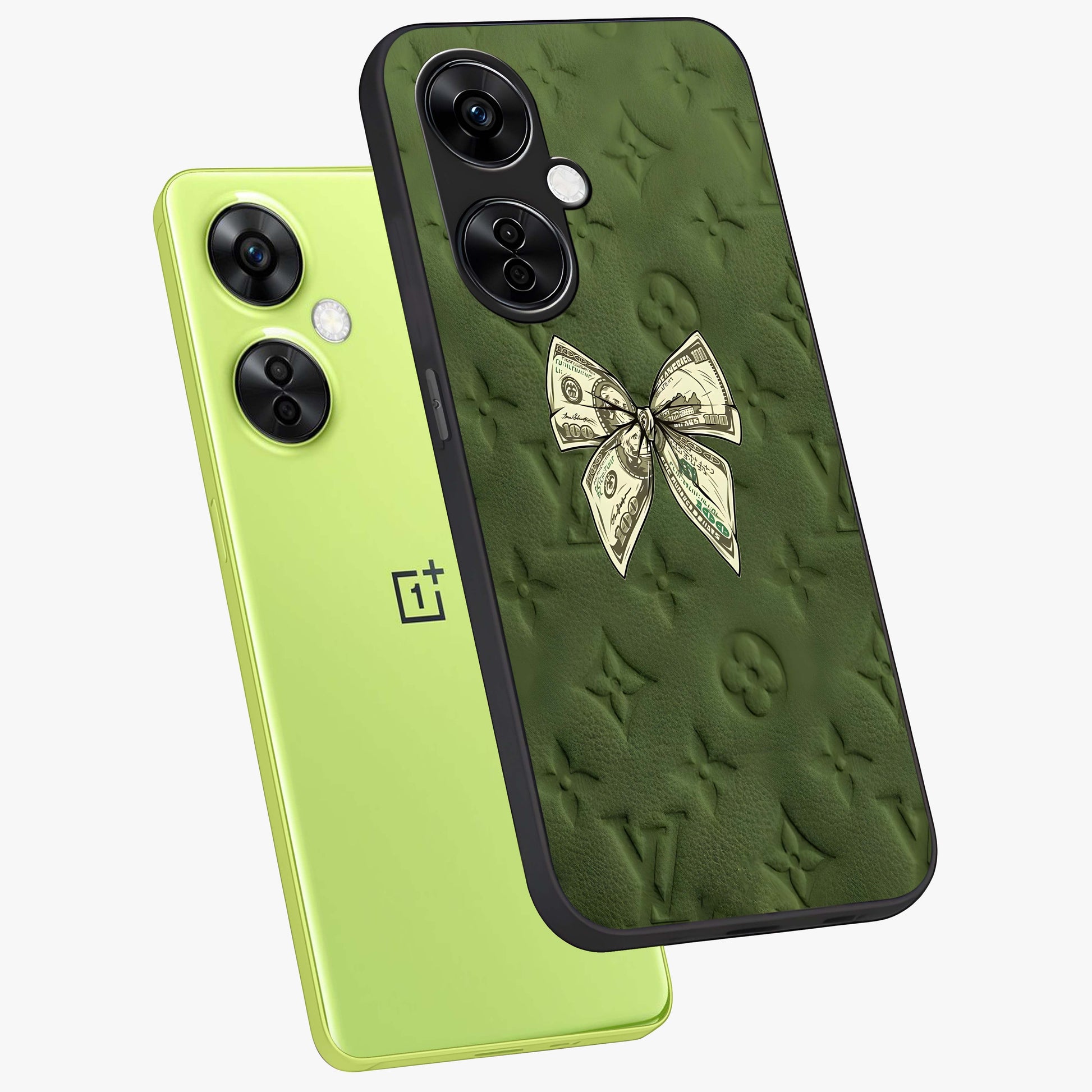 Money Bow Lv Glass Case for 1+Nord CE 3 Lite angled mockup showcasing glossy finish and premium aesthetic detailing