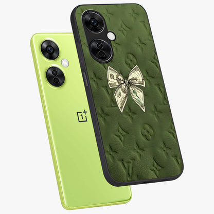 Money Bow Lv Glass Case for 1+Nord CE 3 Lite angled mockup showcasing glossy finish and premium aesthetic detailing