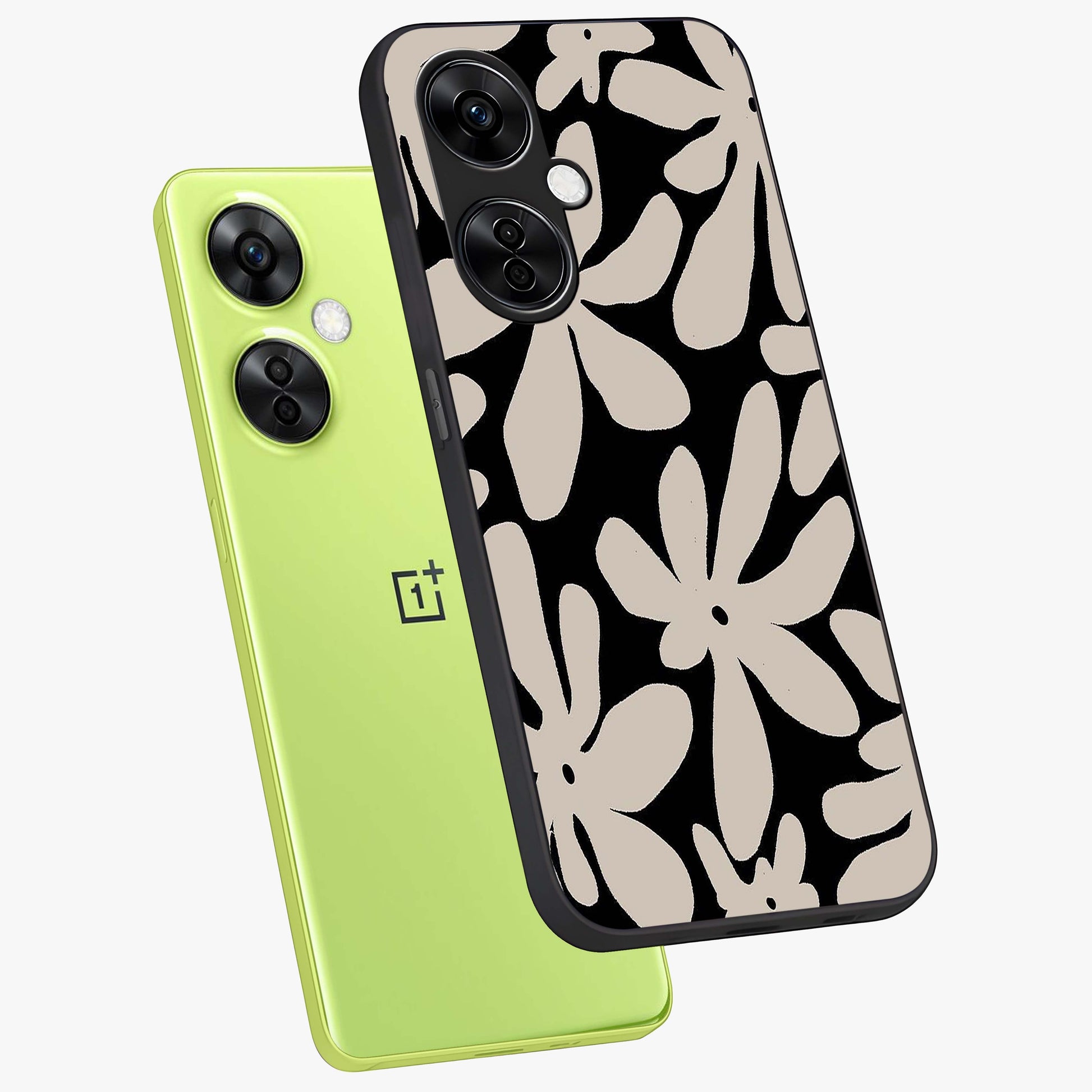 Monochrome Petal Dance Glass Case for 1+Nord CE 3 Lite angled mockup showcasing glossy finish and elegant contrast detailing