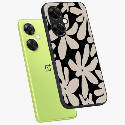 Monochrome Petal Dance Glass Case for 1+Nord CE 3 Lite angled mockup showcasing glossy finish and elegant contrast detailing