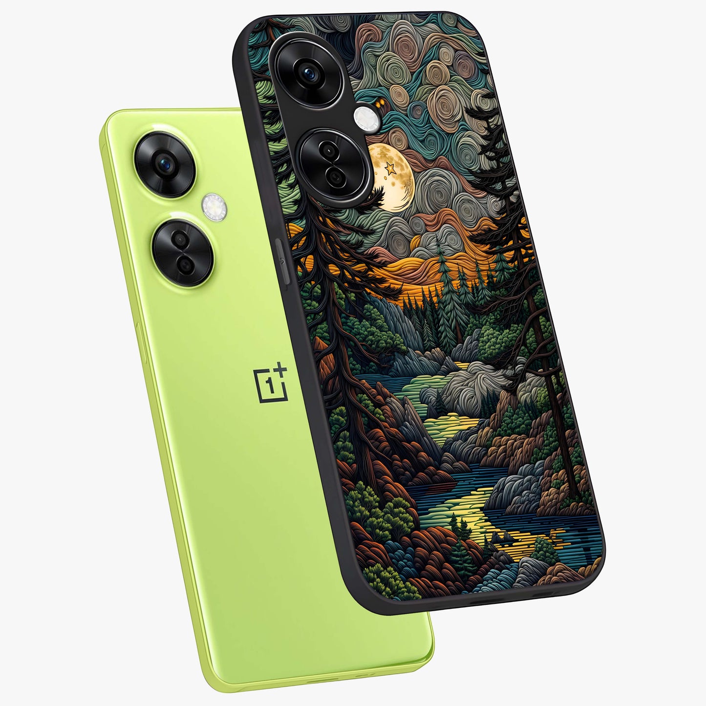 Moonlight Forest Dream Glass Case for 1+Nord CE 3 Lite angled mockup showcasing glossy finish and deep night gradients