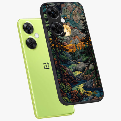 Moonlight Forest Dream Glass Case for 1+Nord CE 3 Lite angled mockup showcasing glossy finish and deep night gradients