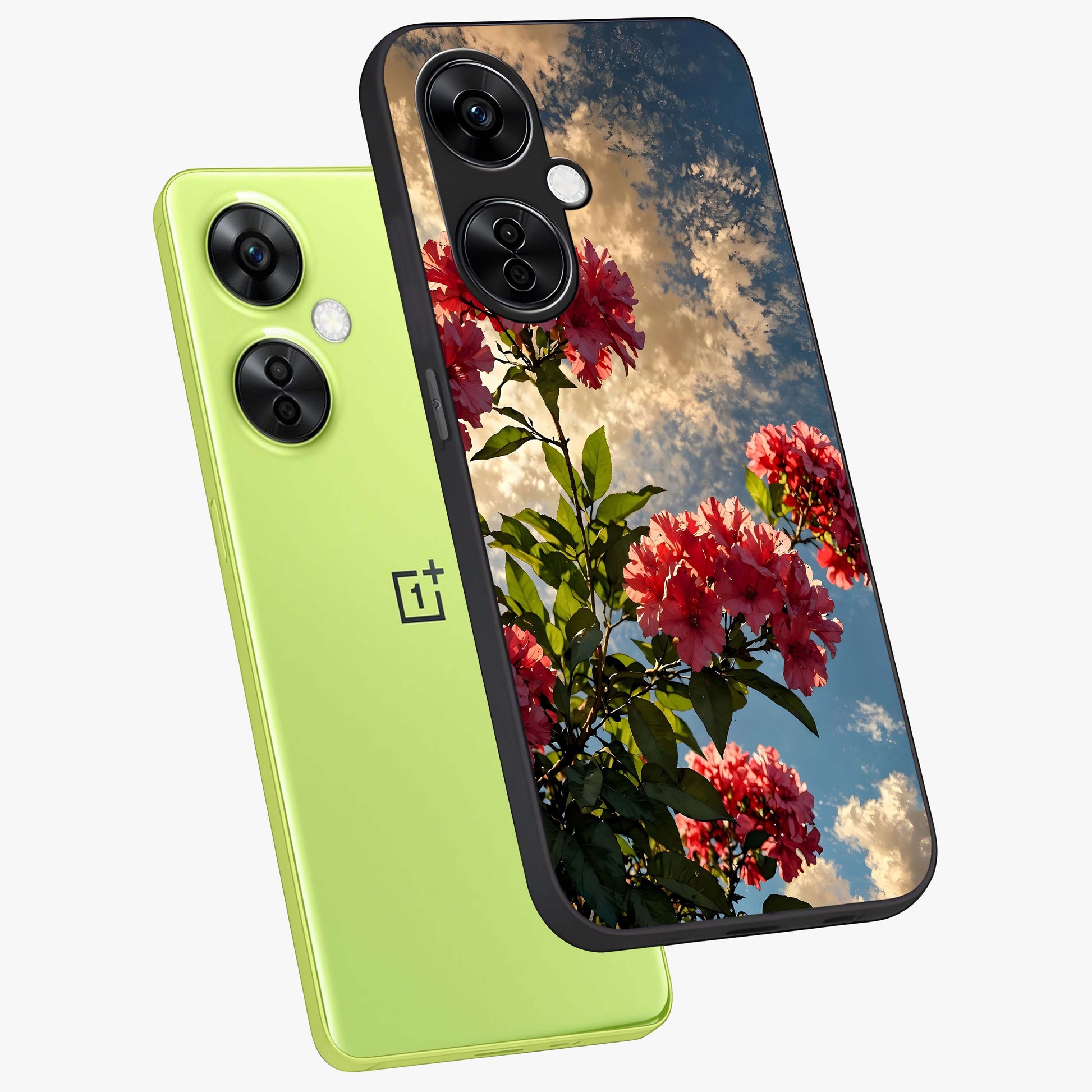 Moonlit Blossom Charm Glass Case for 1+Nord CE 3 Lite angled mockup showcasing glossy glass finish and delicate bloom detailing