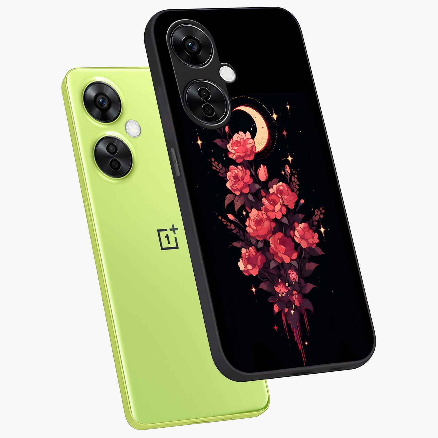 Moonlit Floral Elegance Glass Case for 1+Nord CE 3 Lite angled mockup showcasing glossy finish and rich night tones