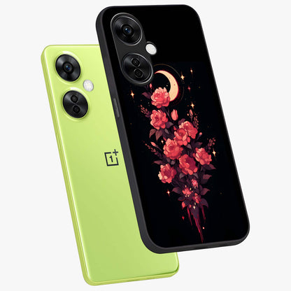 Moonlit Floral Elegance Glass Case for 1+Nord CE 3 Lite angled mockup showcasing glossy finish and rich night tones
