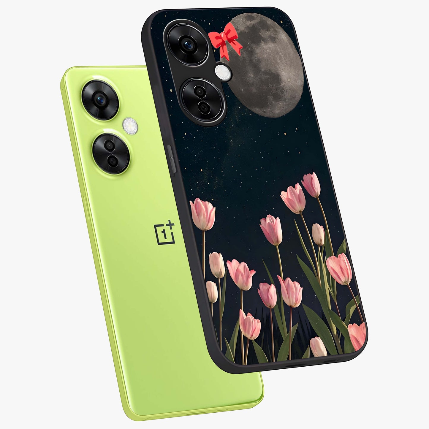 Moonlit Night Tulip Glass Case for 1+Nord CE 3 Lite angled mockup showcasing glossy finish and soft luminous accents