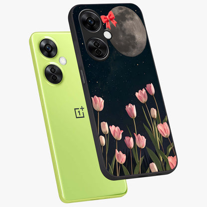 Moonlit Night Tulip Glass Case for 1+Nord CE 3 Lite angled mockup showcasing glossy finish and soft luminous accents