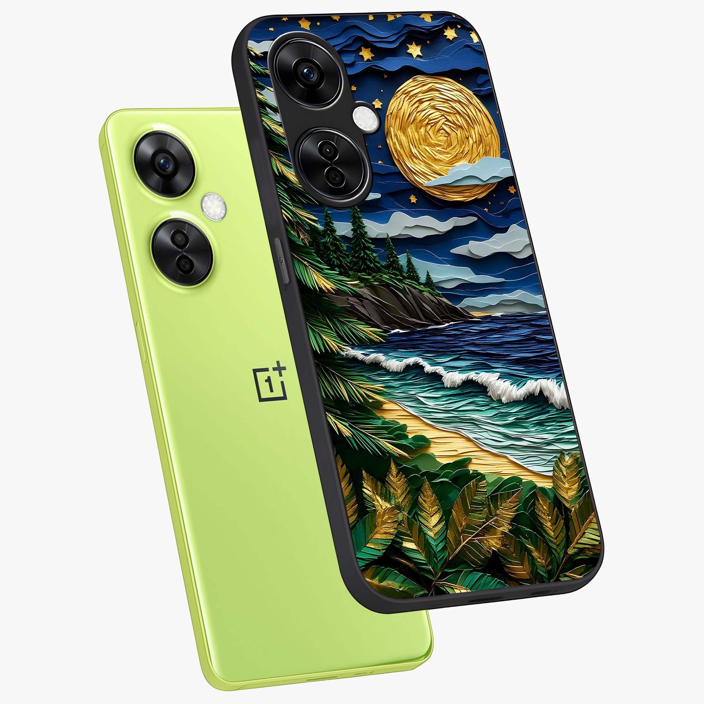 Moonlit Ocean Pines Glass Case for 1+Nord CE 3 Lite angled mockup showcasing glossy finish and deep blue gradients